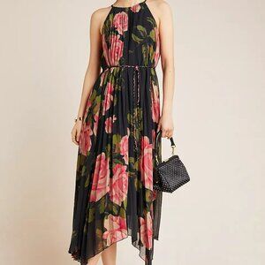 RARE PLUS Anthropologies Emeline Pleated Women's Midi Dress Black Pink Sz 1X